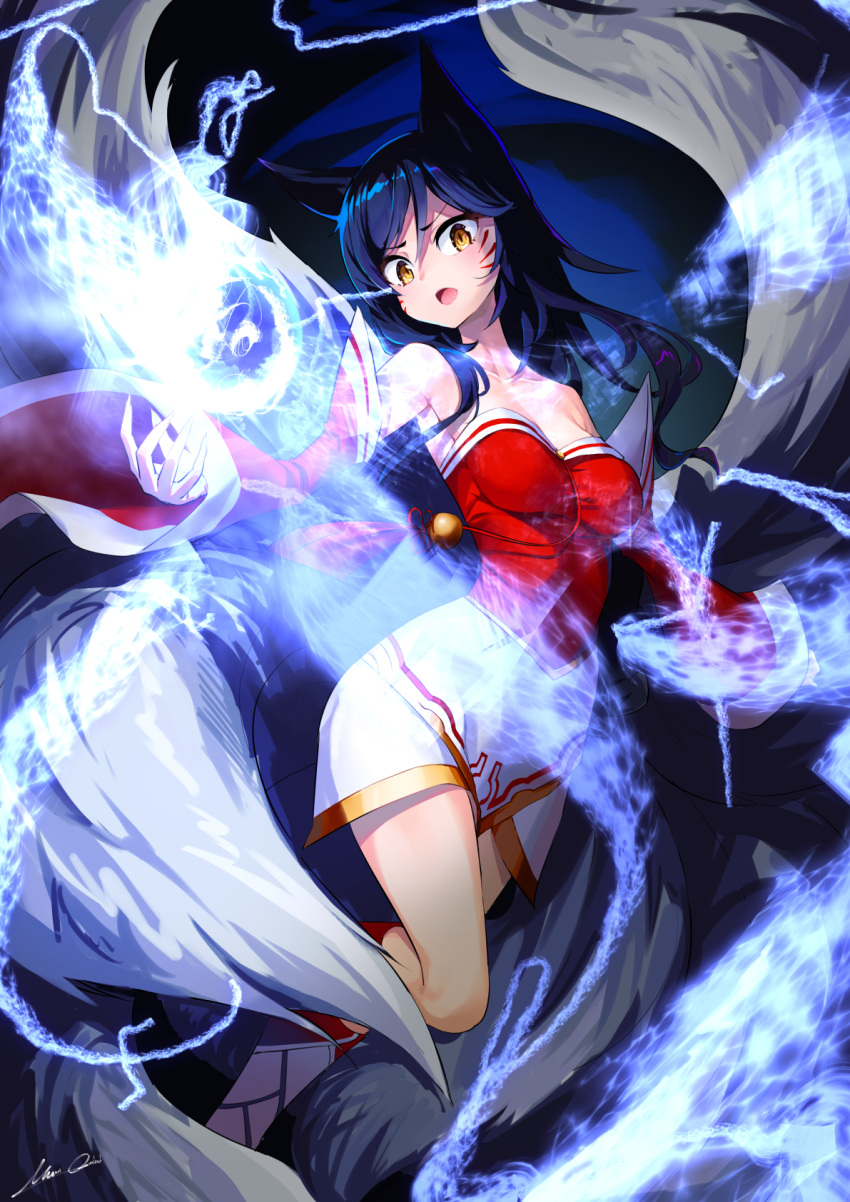 1girl ahri animal_ears bare_shoulders black_hair breasts cleavage clothing_request collarbone detached_sleeves facial_mark fox_ears fox_tail highres korean_clothes kumiho league_of_legends long_hair looking_at_viewer magic medium_breasts multiple_tails open_mouth overlord_(overlord80000) sleeveless solo strapless tail vastaya whisker_markings yellow_eyes