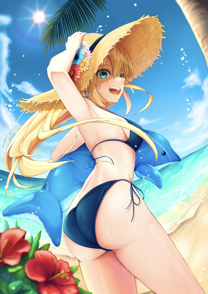 1girl aqua_eyes arm_up armpits ass bangs bare_arms beach bikini blonde_hair blue_bikini blue_sky breasts cloud commentary_request day earrings fisheye flower from_behind hand_on_headwear hat hat_flower hibiscus highres holding inflatable_dolphin inflatable_toy jewelry leaning_forward long_hair looking_at_viewer looking_back medium_breasts ocean open_mouth original outdoors palm_tree red_flower relight sideboob sky smile solo standing straw_hat summer sun sun_hat swimsuit tree upper_teeth water