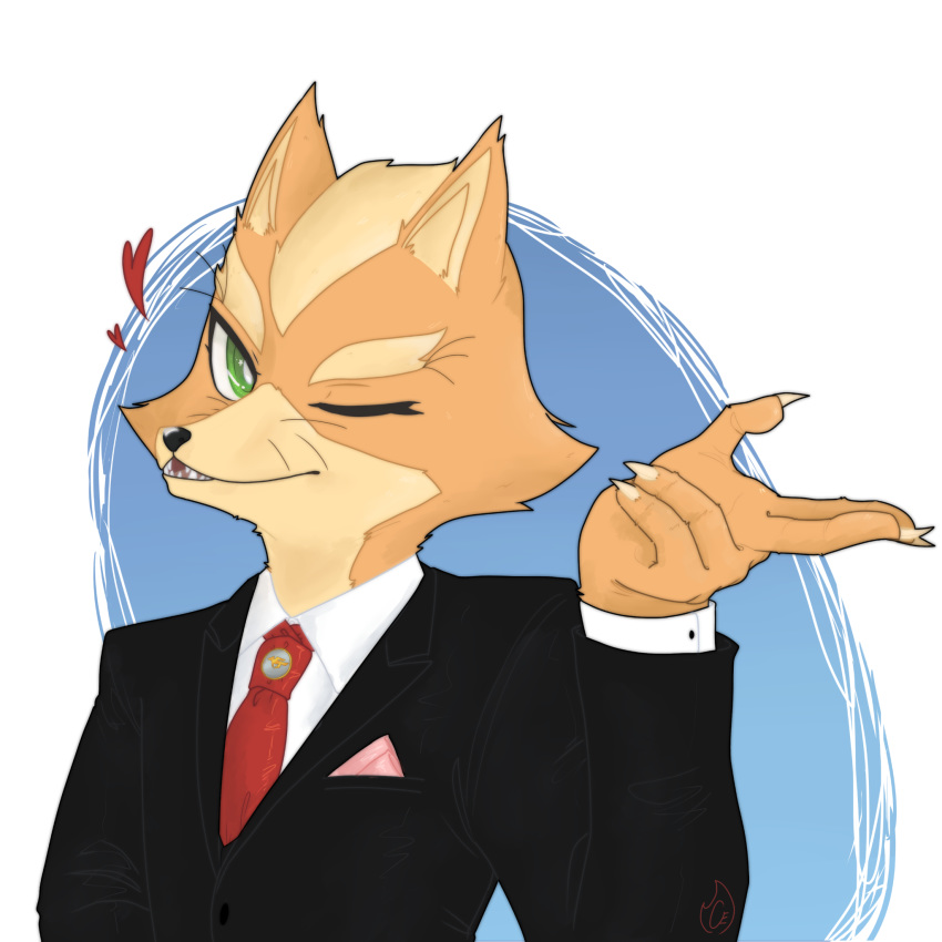 1:1 anthro black_eyes blonde_hair bow_tie canid canine charrcoal claws clothing eyebrows eyelashes fingers fox fox_mccloud fur green_eyes hair hi_res male mammal nintendo one_eye_closed orange_body orange_fur sharp_teeth solo star_fox suit teeth uniform video_games whiskers wink