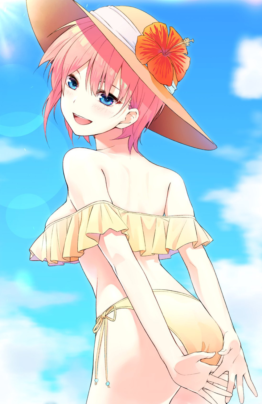 1girl :d arms_behind_back ass bangs bare_shoulders bikini blue_eyes blue_sky blush breasts commentary_request cowboy_shot day eyebrows_visible_through_hair flower from_behind go-toubun_no_hanayome hat hat_flower hat_ornament hibiscus highres leaning_forward looking_at_viewer looking_back medium_breasts nakano_ichika open_mouth outdoors pink_hair red_flower shishamo_(masato_k) short_hair side-tie_bikini sideboob sky smile solo sun_hat swimsuit yellow_bikini