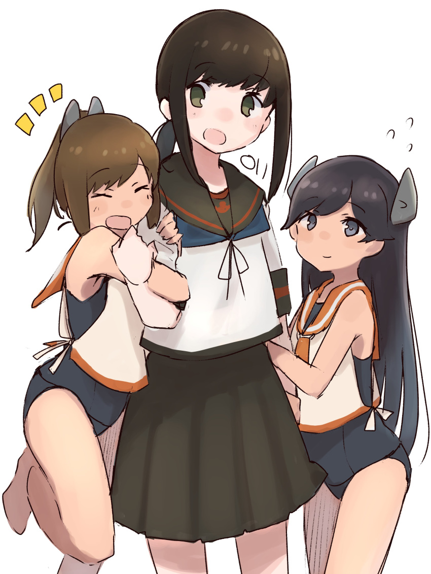 3girls absurdres anchor_symbol black_eyes black_hair black_sailor_collar black_skirt black_swimsuit brown_hair closed_eyes eyebrows_visible_through_hair flying_sweatdrops fubuki_(kantai_collection) green_eyes highres i-400_(kantai_collection) i-401_(kantai_collection) kantai_collection long_hair ma_rukan multiple_girls one-piece_swimsuit open_mouth orange_sailor_collar pleated_skirt ponytail remodel_(kantai_collection) sailor_collar sailor_shirt school_swimsuit school_uniform serafuku shirt short_hair short_ponytail short_sleeves signature simple_background skirt sleeveless sleeveless_shirt smile swimsuit swimsuit_under_clothes white_background white_shirt