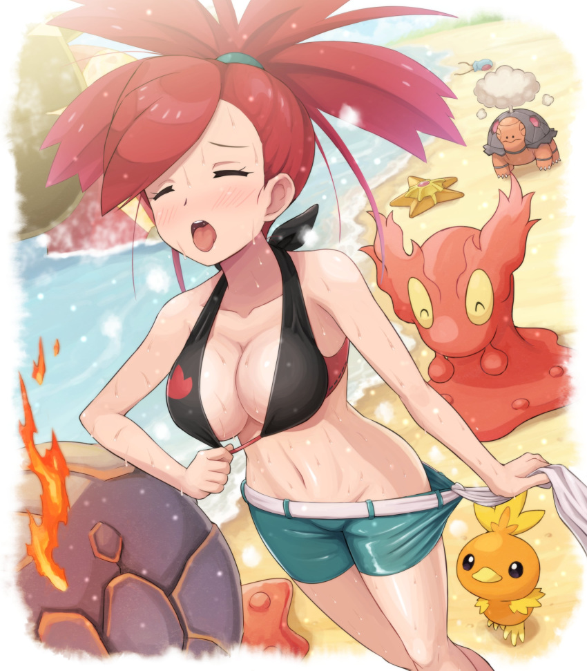 1girl absurdres asuna_(pokemon) bangs blush breasts cleavage closed_eyes clothes_tug collarbone commentary_request gen_1_pokemon gen_2_pokemon gen_3_pokemon green_shorts hair_tie highres holding hot long_hair magcargo open_mouth pokemoa pokemon pokemon_(creature) pokemon_(game) pokemon_oras shiny shiny_skin shorts slugma staryu sweat swept_bangs teeth tentacool tied_hair tongue torchic torkoal