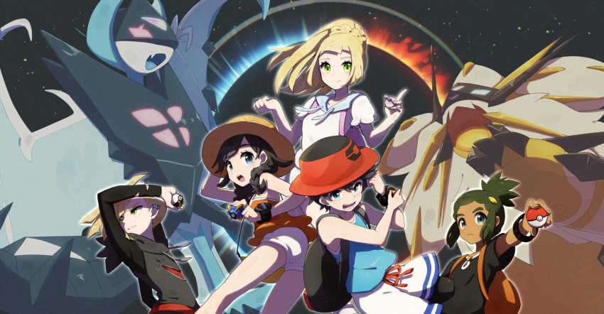 2girls 3boys backpack bag black_eyes black_hair black_shirt blonde_hair blue_shirt boater_hat braid brown_headwear camisole closed_mouth commentary dark_skin from_behind gen_7_pokemon gladio_(pokemon) green_eyes highres holding holding_poke_ball hou_(pokemon) index_finger_raised leaning_forward legendary_pokemon lillie_(pokemon) long_hair looking_at_viewer looking_back low_twintails medium_hair miu_(miuuu_721) mizuki_(pokemon) multiple_boys multiple_girls necrozma necrozma_(dawn) necrozma_(dusk) open_mouth poke_ball poke_ball_(basic) pokemon pokemon_(game) pokemon_usum red_headwear shirt short_shorts short_sleeves shorts sky standing star_(sky) starry_sky tank_top topknot twin_braids twintails watch white_shirt white_shorts wristwatch yellow_shirt you_(pokemon)