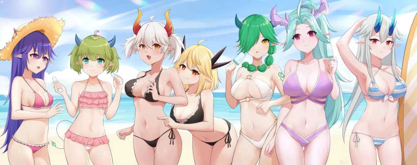6+girls ahoge aqua_eyes bangs beach bikini black_bikini blonde_hair blush braid breasts cleavage closed_mouth contrapposto cowboy_shot criss-cross_halter day demon_girl demon_horns demon_tail eyebrows_visible_through_hair fang flat_chest food frilled_bikini frills front-tie_bikini front-tie_top green_hair hair_between_eyes hair_over_shoulder halterneck hat high_ponytail highres holding horns large_breasts light_blue_hair light_rays lineup long_hair medium_breasts medium_hair micro_bikini multiple_girls navel o-ring o-ring_bikini o-ring_bottom o-ring_top ocean open_mouth orange_eyes original outdoors parted_bangs parted_lips pink_bikini pointy_ears poking popsicle purple_bikini purple_eyes purple_hair red_eyes short_hair short_twintails side-tie_bikini sideboob silver_hair single_braid skin_fang sky smile stomach straw_hat summer sun_hat surfboard swimsuit tail twintails underboob very_long_hair white_bikini white_hair witch yellow_eyes yellow_headwear ying_jing_meng