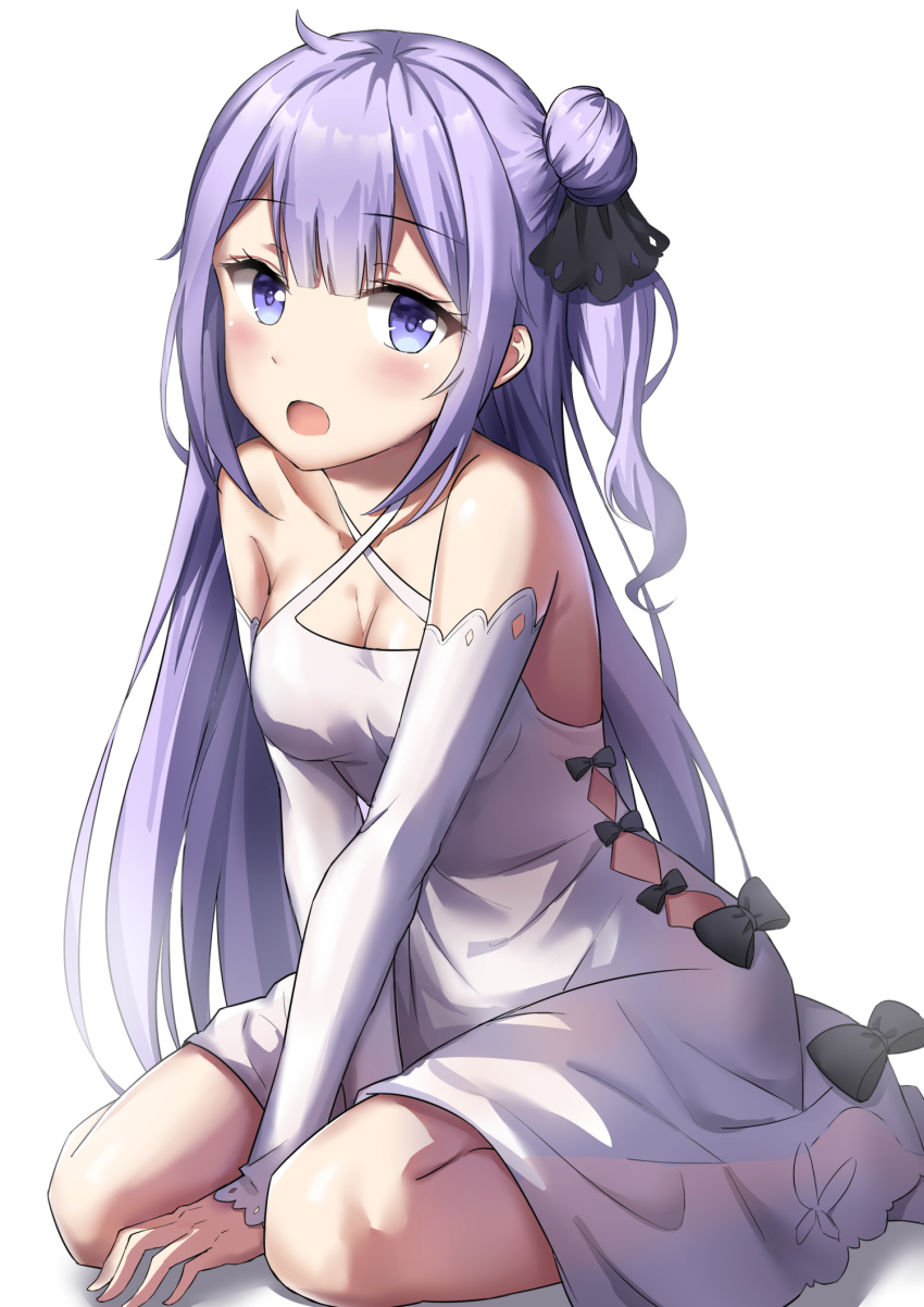 1girl :o azur_lane bare_shoulders between_legs breasts cleavage criss-cross_halter detached_sleeves dress halter_dress halterneck highres long_hair looking_at_viewer medium_breasts open_mouth purple_eyes purple_hair side_bun side_cutout sidelocks simple_background sitting solo unicorn_(azur_lane) white_background white_dress yang423