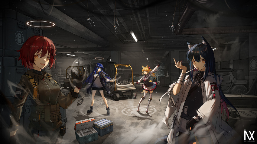4girls :d alternate_costume animal_ear_fluff animal_ears arknights arm_up bandages bangs bare_legs black_footwear black_gloves black_hair black_jacket black_shirt black_vest blonde_hair blue_hair boots breasts brown_eyes commentary_request exusiai_(arknights) gloves halo highres horns indoors jacket knee_boots long_hair long_sleeves looking_at_viewer medium_breasts mostima_(arknights) multiple_girls open_clothes open_jacket open_mouth penguin_logistics_logo red_eyes red_hair shadow shirt short_hair skirt smile sora_(arknights) staff standing texas_(arknights) thighhighs upper_body vest white_footwear white_jacket white_legwear white_shirt white_skirt wide_sleeves wolf_ears wrist_wrap yuuki_mix zettai_ryouiki