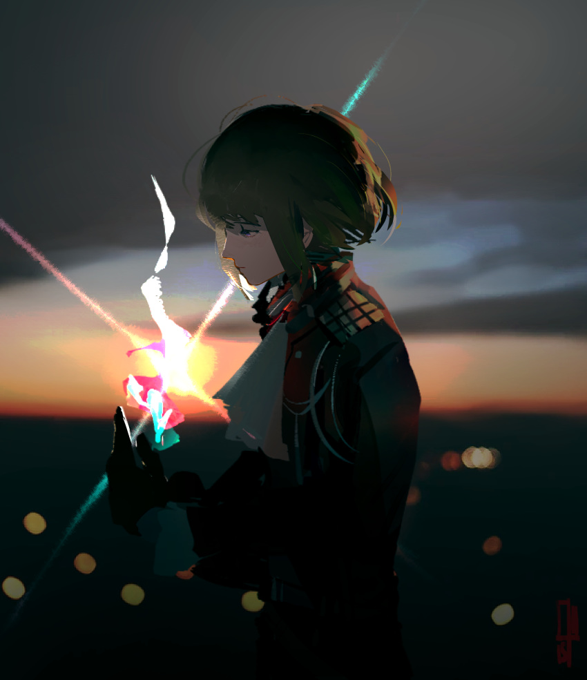 1boy ai-shii_(kasehara-chan) bangs black_gloves black_suit city city_lights cloud cloudy_sky expressionless formal gloves green_hair highres lio_fotia promare purple_eyes short_hair sky solo suit sunset