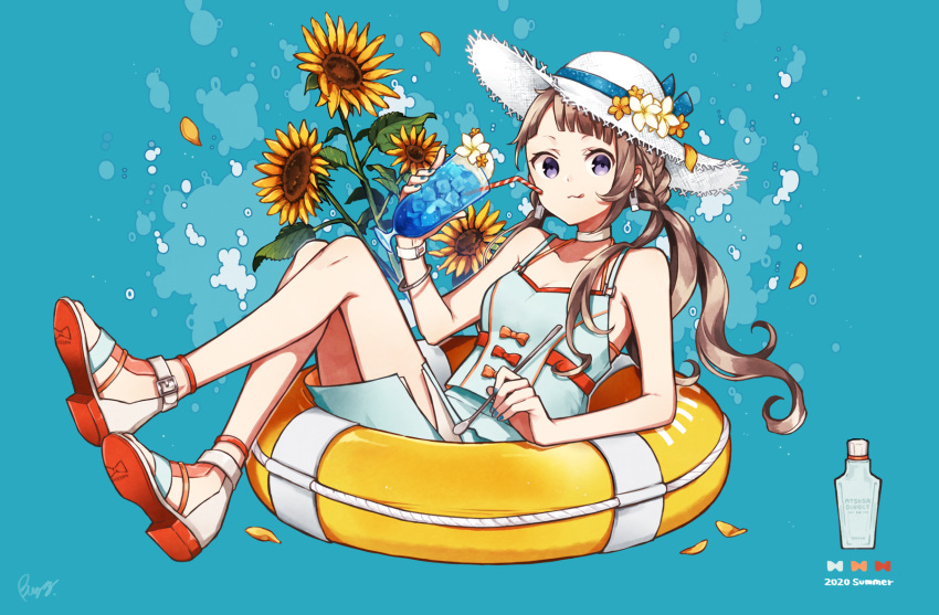 1girl bangs bare_arms bare_shoulders bendy_straw blue_background blue_camisole blue_nails blue_sky bow braid breasts brown_bow brown_hair buzz camisole choker cleavage collarbone commentary crossed_legs cup drinking_glass drinking_straw flower food full_body hat hat_flower highres holding holding_cup holding_spoon ice_cream ice_cream_float knees_up lifebuoy long_hair looking_at_viewer nail_polish original petals purple_eyes red_bow sandals sky small_breasts solo spoon straw_hat sunflower symbol_commentary very_long_hair white_choker white_flower white_footwear white_headwear yellow_flower