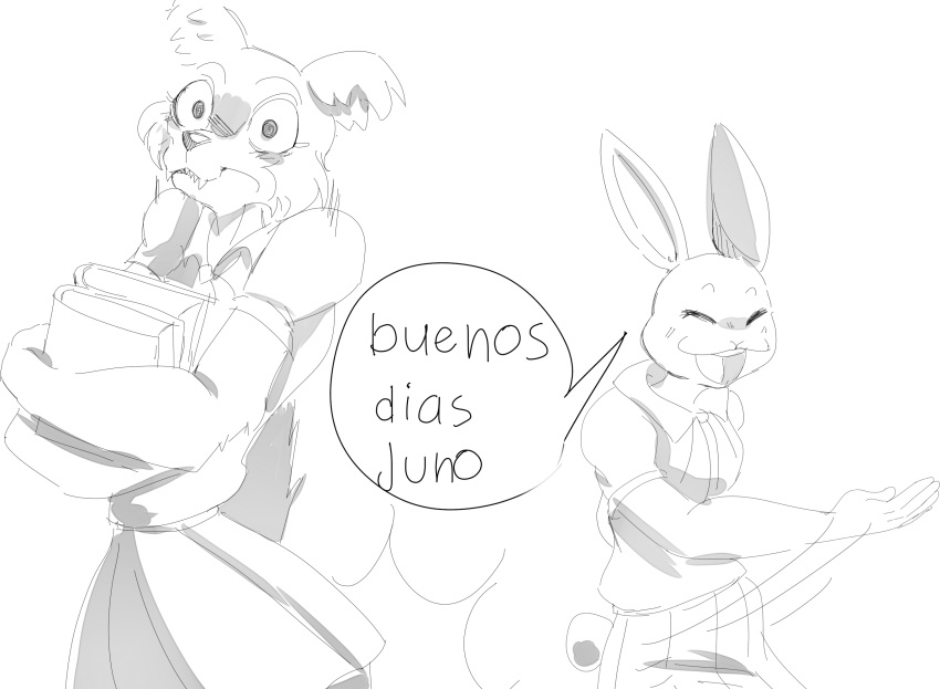 2020 anthro beastars book buenos_dias_x canid canine canis clothed clothing duo eyes_closed female fully_clothed fur haru_(beastars) hi_res holding_book holding_object humor juno_(beastars) lagomorph leporid mammal meme monochrome open_mouth open_smile psibunny rabbit smile spanking surprise wolf