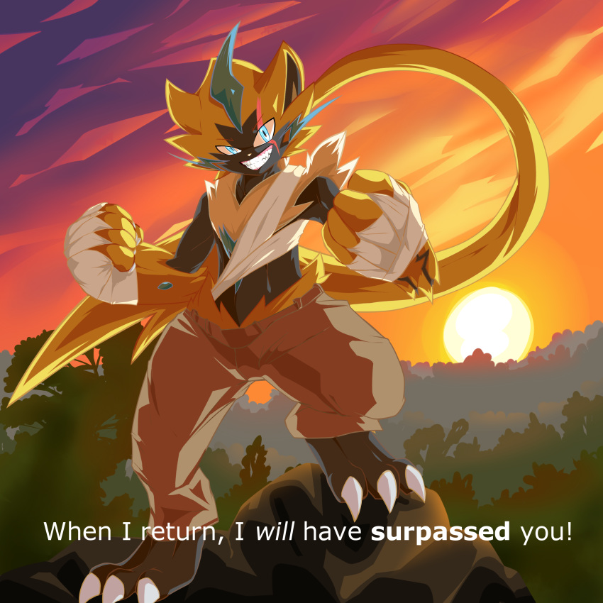 1:1 absurd_res anthro bandage bottomwear cargo_pants clothing dialogue english_text excited fighting_pose forest glowing glowing_eyes grin hi_res legendary_pok&eacute;mon male nintendo pants pok&eacute;mon pok&eacute;mon_(species) ponytail_hair pose scar seth_astral sirius_(siriusgrey) smile solo subtitled sunset text tree video_games zeraora