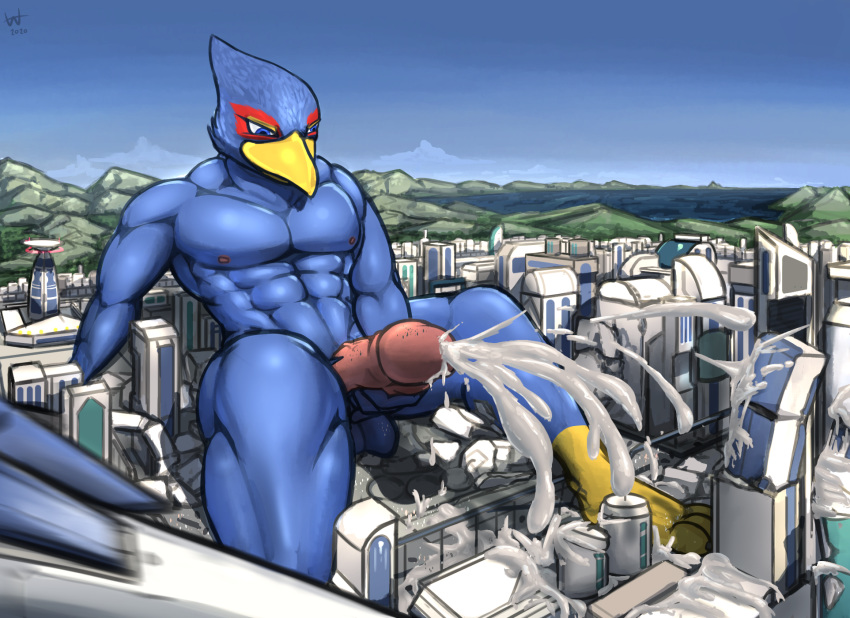 2020 anthro avian balls bird blue_body blue_fur bodily_fluids building city corneria cum destruction falco_lombardi fur genital_fluids genitals hi_res macro male mountain nintendo nude penis sky solo star_fox street togepi1125 video_games wootenstien worship