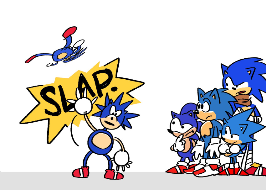 2019 adventures_of_sonic_the_hedgehog anthro biped black_eyes blue_body blue_fur cigardoesart classic_sonic classic_sonic_(universe) clothing crossed_arms english_text eulipotyphlan footwear frown fur gloves group handwear hedgehog hi_res male mammal meme sanic shoes simple_background slap sonic_boom sonic_the_hedgehog sonic_the_hedgehog_(series) sound_effects square_crossover standing tan_body tan_fur text white_background