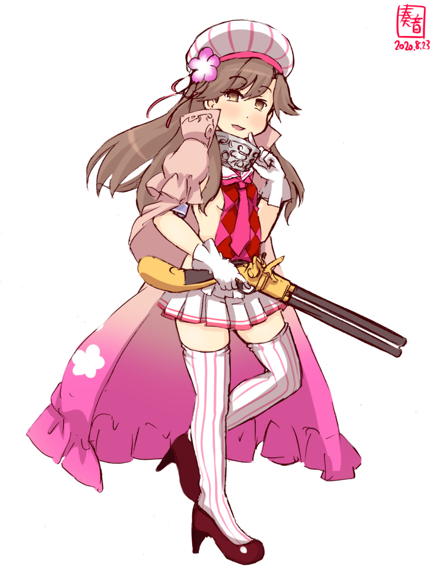 1girl agrostemma_(flower_knight_girl) agrostemma_(flower_knight_girl)_(cosplay) arashio_(kantai_collection) artist_logo breasts brown_eyes brown_hair cape card commentary_request cosplay dated flower_knight_girl full_body gloves gun highres kanon_(kurogane_knights) kantai_collection long_hair look-alike looking_at_viewer necktie pink_cape pink_neckwear pleated_skirt revision rifle sideboob simple_background skirt small_breasts solo striped striped_legwear thighhighs weapon white_background white_gloves white_legwear white_skirt