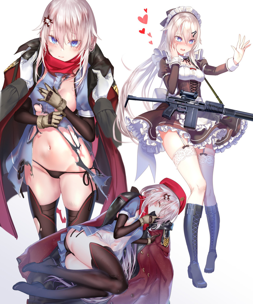 1girl 9a-91 9a-91_(girls_frontline) absurdres alternate_costume apron bangs beret black_panties blue_eyes blush boots breasts closed_eyes closed_mouth commander_(girls_frontline) covered_nipples covering dirty dirty_face dress frilled_dress frills garter_straps girls_frontline gloves gradient gradient_background gun hair_ornament hairclip hat heart heart-shaped_pupils highres jacket jacket_on_shoulders juliet_sleeves knee_boots long_hair long_sleeves lying maid maid_headdress multiple_views on_side open_mouth out_of_frame panties pottsness puffy_sleeves red_headwear red_jacket side-tie_panties silver_hair simple_background standing symbol-shaped_pupils thighhighs torn_clothes underwear waist_apron weapon white_apron white_legwear