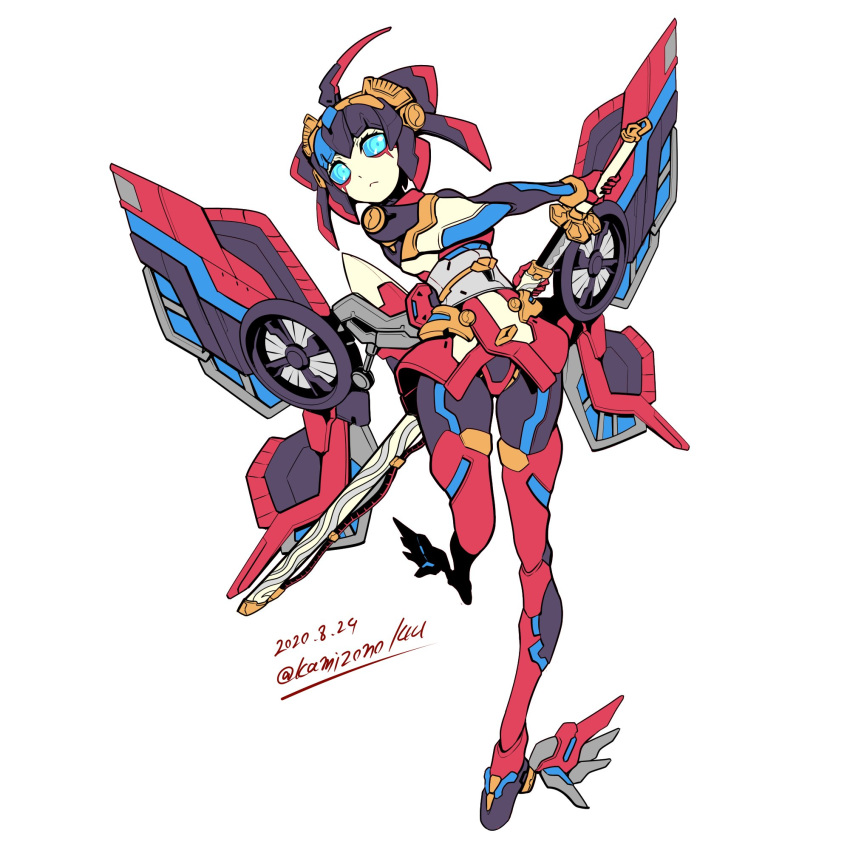 1girl artist_name autobot blue_eyes butterfly_wings dated english_commentary highres holding holding_sword holding_weapon kamizono_(spookyhouse) katana looking_to_the_side mechanical_wings no_humans sheath solo sword transformers unsheathing weapon white_background windblade wings younger