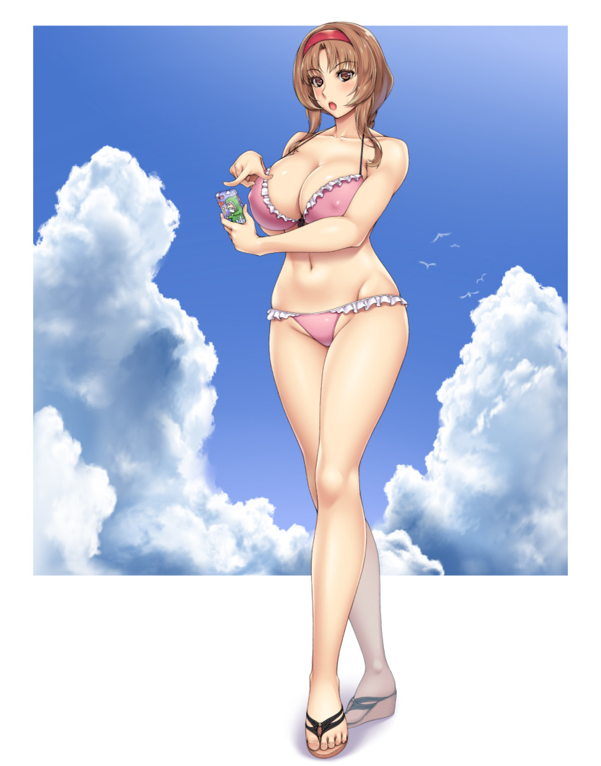 1girl ameoto bikini braid breasts brown_eyes brown_hair cellphone cleavage covered_nipples d-frag! frilled_bikini frills hairband highres large_breasts phone sandals single_braid smartphone solo swimsuit takao_(d-frag!)