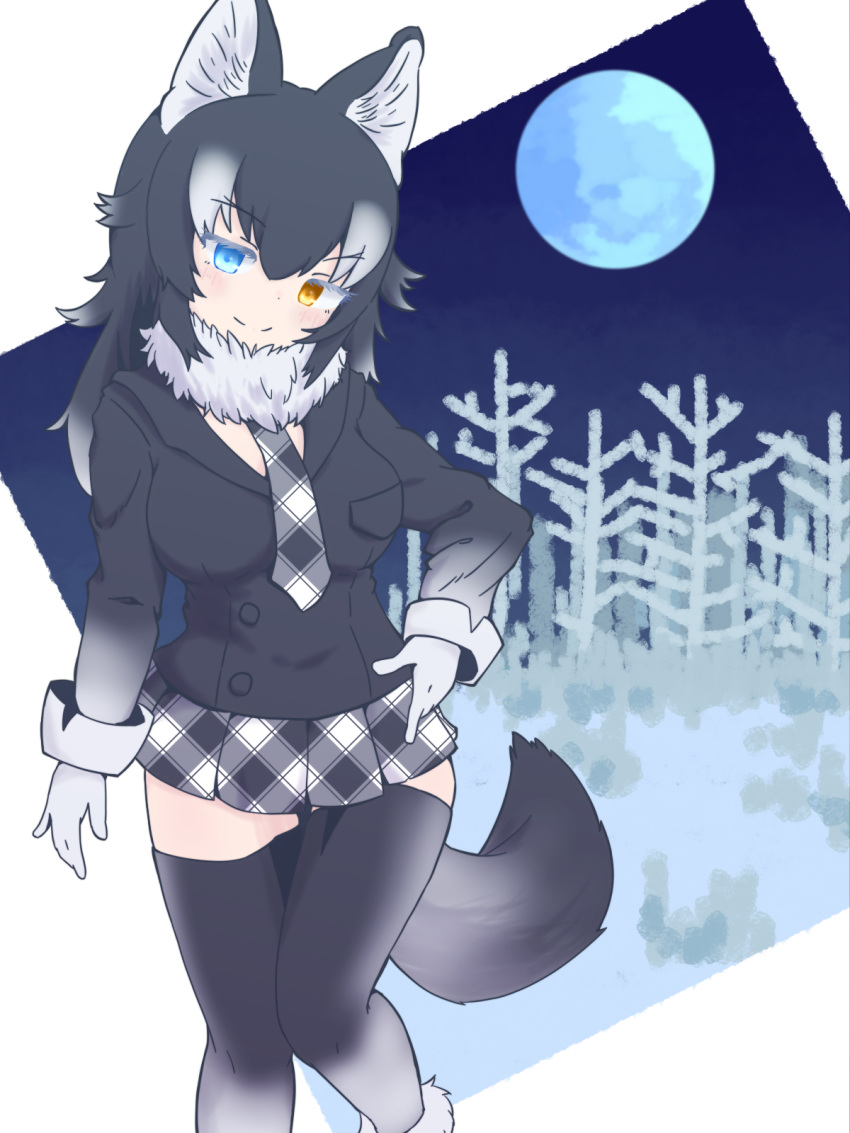 animal_ears artist_request black_hair blue_eyes blush breast_pocket breasts eyebrows_visible_through_hair full_moon fur_collar gloves gradient gradient_legwear grey_wolf_(kemono_friends) hand_on_hip heterochromia highres kemono_friends large_breasts moon multicolored_hair plaid_neckwear pocket tail two-tone_hair white_gloves white_hair wolf_ears wolf_girl wolf_tail yellow_eyes