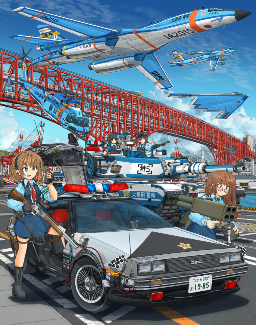 4girls aircraft b-1_lancer b-2_spirit b-52_stratofortress back_to_the_future beacon blue_eyes boots bridge brown_eyes brown_hair car caterpillar_tracks cloud commando_(movie) delorean eyebrows_visible_through_hair fingerless_gloves glasses gloves goggles goggles_on_headwear graphite_(medium) ground_vehicle gullwing_doors gun handgun hat helicopter helmet highres holster license_plate m1_abrams m202 machine_gun marlin_new_model_1895 mikeran_(mikelan) military military_vehicle minato_bridge motor_vehicle multiple_girls necktie optical_sight original pistol police police_car police_hat police_uniform policewoman rocket_launcher sleeves_folded_up smoke_grenade_launcher tank thigh_holster traditional_media uniform vehicle_focus vest weapon