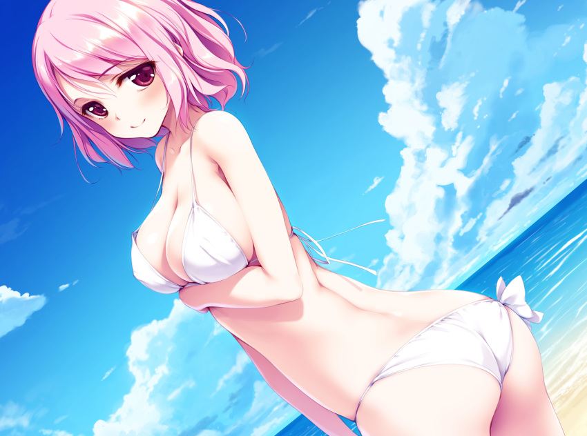 ass beach bikini blush breast_hold clouds ke-ta pink_hair saigyouji_yuyuko short_hair sky swimsuit touhou water