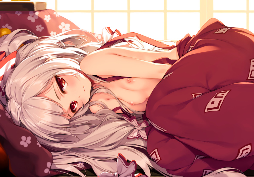 bow breasts fujiwara_no_mokou ke-ta long_hair nipples no_bra red_eyes touhou white_hair