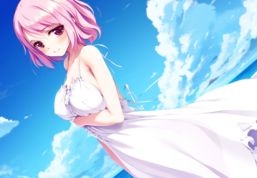 breasts clouds dress ke-ta pink_eyes pink_hair saigyouji_yuyuko short_hair sky summer_dress touhou water