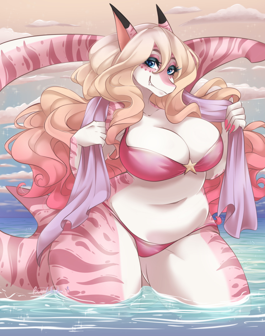 2020 absurd_res alternate_species anthro bedroom_eyes big_breasts breasts bunnywhiskerz cleavage clothed clothing curvy_figure female fish hi_res looking_at_viewer marine marzipie narrowed_eyes non-mammal_breasts sea seductive shark slightly_chubby solo thick_thighs towel voluptuous water wide_hips