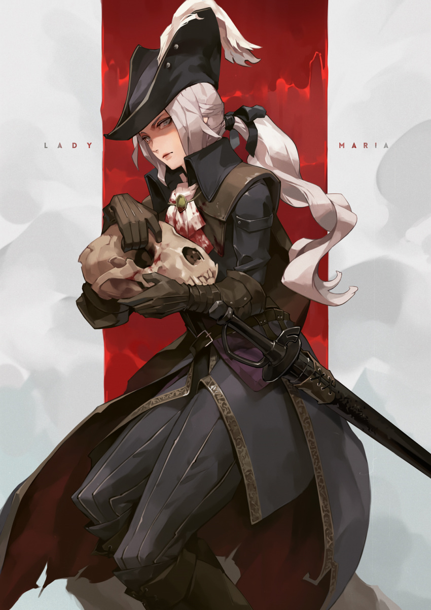 1girl ascot black_coat black_headwear black_pants blood bloodborne bloody_clothes boots brown_gloves character_name closed_mouth coat commentary_request cravat elbow_gloves feet_out_of_frame gloves grey_eyes hand_up hat hat_feather highres holding holding_skull jiro_(ninetysix) knee_boots lady_maria_of_the_astral_clocktower long_coat long_hair long_sleeves looking_at_viewer pants ponytail rakuyo_(bloodborne) red_background scabbard sheath sheathed skull solo standing sword the_old_hunters tricorne two-tone_background weapon white_background white_hair