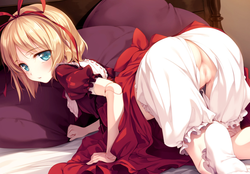 ass blonde_hair blue_eyes censored dress ke-ta medicine_melancholy nopan pussy ribbons short_hair touhou