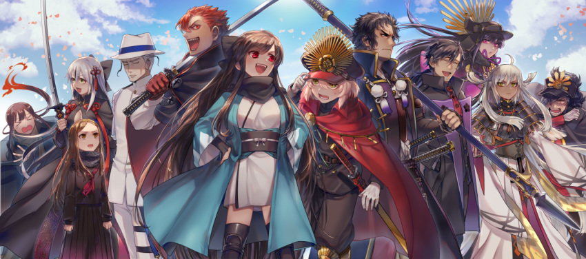 6+boys 6+girls ahoge arm_guards armor armored_dress black_armor black_bow black_coat black_hair black_scarf black_shirt bow breasts cape chacha_(fate/grand_order) coat corset cosplay costume_switch dark_skin family_crest fate/grand_order fate_(series) fedora fiery_hair formal grey_scarf hair_between_eyes hair_bow hair_over_one_eye haori hat hijikata_toshizou_(fate/grand_order) japanese_armor japanese_clothes katana kimono koha-ace li_shuwen_(fate/grand_order) long_hair medium_breasts midriff military_hat mori_nagayoshi_(fate) mozusuka multicolored_hair multiple_boys multiple_girls nagao_kagetora_(fate) oda_nobukatsu_(fate/grand_order) oda_nobunaga_(fate) oda_nobunaga_(fate)_(all) oda_uri okada_izou_(fate) okita_souji_(alter)_(fate) okita_souji_(fate) okita_souji_(fate)_(all) oryou_(fate) polearm red_cape red_eyes sakamoto_ryouma_(fate) sash scarf shinsengumi shirt short_kimono sideboob spear streaked_hair suit sword tassel thighs tied_hair torn_neckerchief two-tone_hair uncle_and_niece very_long_hair weapon white_hair white_headwear white_kimono white_suit yellow_eyes yellow_sash