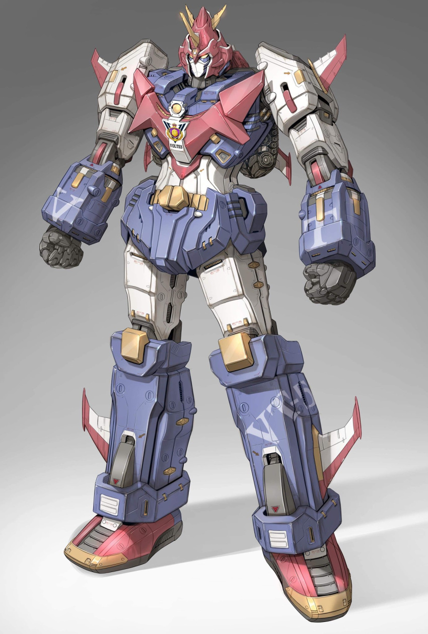choudenji_machine_voltes_v clenched_hands glowing glowing_eyes gradient gradient_background highres horns looking_down maeda_hiroyuki mecha no_humans redesign single_horn solo standing super_robot voltes_v_(mecha) yellow_eyes