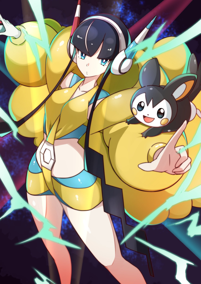 1girl absurdres bangs black_hair blue_eyes blunt_bangs breasts coat collarbone commentary_request emolga energy feet_out_of_frame fur_coat gen_5_pokemon gym_leader headphones highres holding holding_poke_ball index_finger_raised kamitsure_(pokemon) long_sleeves looking_to_the_side miyama-san outstretched_arms poke_ball poke_ball_(basic) pokemon pokemon_(creature) pokemon_(game) pokemon_bw2 shiny shiny_clothes short_hair_with_long_locks yellow_coat