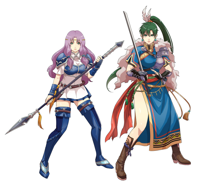 2girls absurdres blue_footwear boots brown_footwear cirenk closed_mouth commission fire_emblem fire_emblem:_the_blazing_blade florina_(fire_emblem) green_hair highres holding holding_spear holding_sword holding_weapon knee_boots long_hair looking_at_viewer lyn_(fire_emblem) multiple_girls polearm ponytail purple_hair spear sword thigh_boots thighhighs thighs weapon