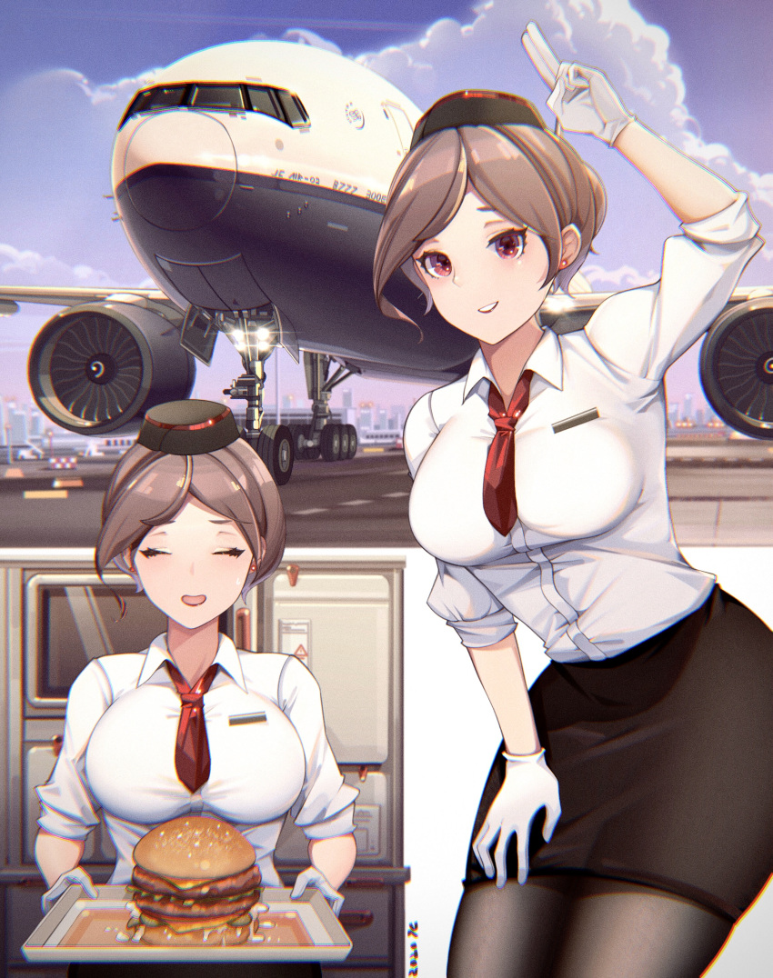 1girl ^_^ absurdres aircraft airplane brown_hair closed_eyes flight_attendant food gloves hamburger hand_on_own_thigh hand_up hat highres holding holding_tray impossible_clothes leggings mini_necktie multiple_views open_mouth original pencil_dress pencil_skirt red_eyes red_neckwear senjouhara_nira skirt smile tied_hair tray white_gloves