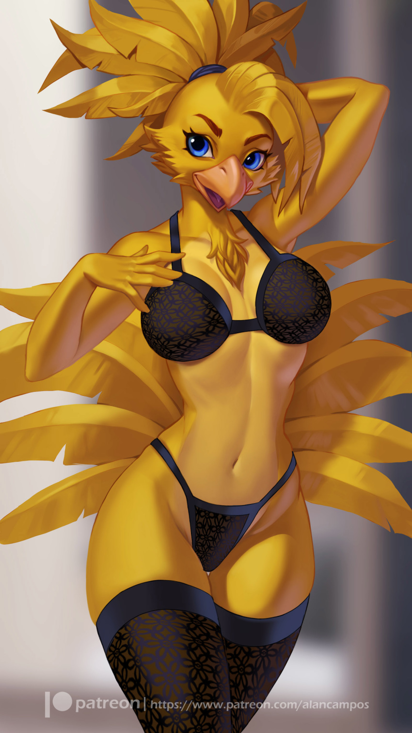 2020 5_fingers 9:16 absurd_res alanscampos anthro avian beak bird blue_eyes bra breasts chest_tuft chocobo clothed clothing digital_media_(artwork) eyelashes feathers female final_fantasy fingers hand_behind_head hi_res legwear lingerie navel non-mammal_breasts open_beak open_mouth panties patreon solo square_enix stockings text tuft underwear url video_games yellow_body yellow_feathers