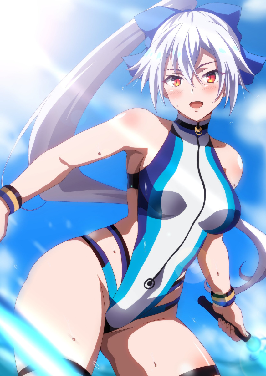 1girl bangs bare_shoulders blue_sky blue_swimsuit blush breasts dual_wielding energy_sword fate/grand_order fate_(series) hair_between_eyes hera_(hara0742) highleg highleg_swimsuit highres holding large_breasts long_hair looking_at_viewer one-piece_swimsuit open_mouth ponytail red_eyes silver_hair sky slit_pupils smile sunlight swimsuit sword thigh_strap thighs tomoe_gozen_(fate/grand_order) tomoe_gozen_(swimsuit_saber)_(fate) two-tone_swimsuit very_long_hair weapon white_swimsuit