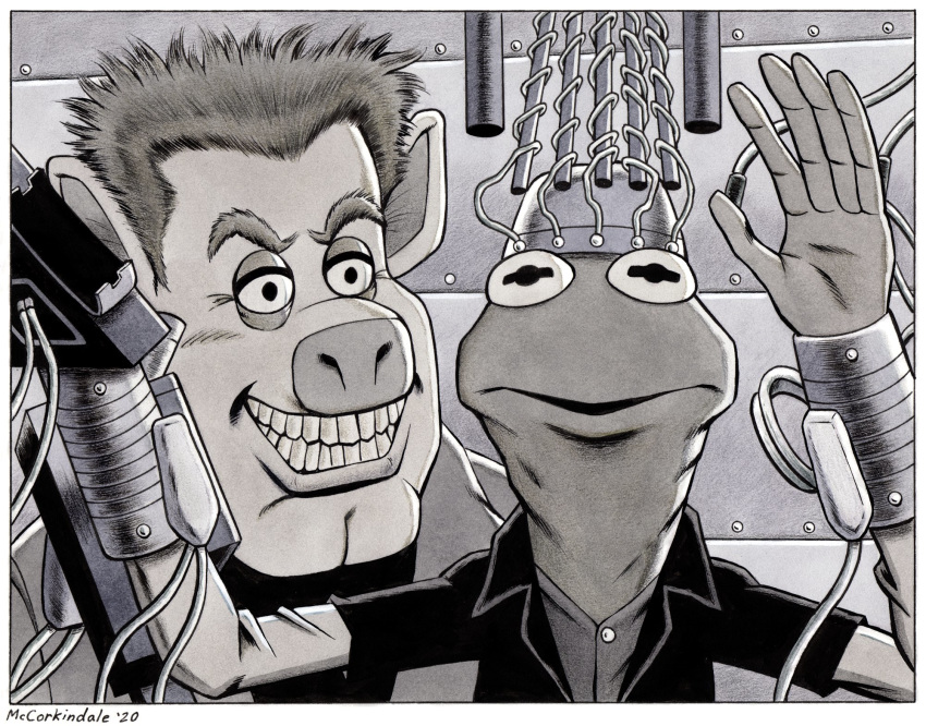 2020 5_fingers amphibian anthro armor black_and_white border bruce_mccorkindale buckaroo_banzai clothing crossover domestic_pig duo evil_grin fingers frog greyscale headgear helmet hi_res kermit_the_frog link_hogthrob looking_at_viewer machine male male/male mammal monochrome muppet muppets parody sesame_street shirt signature smile snout spiked_hair suid suina sus_(pig) teeth topwear white_border