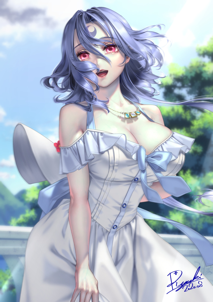 1girl :d bangs blue_bow blue_hair blue_sky bow breasts cleavage cloud dress hair_between_eyes hair_blowing hat highres jewelry large_breasts long_hair necklace off-shoulder_dress off_shoulder open_mouth original outdoors red_eyes ryuki@maguro-ex signature sky smile solo sun_hat sunlight tree upper_teeth white_dress