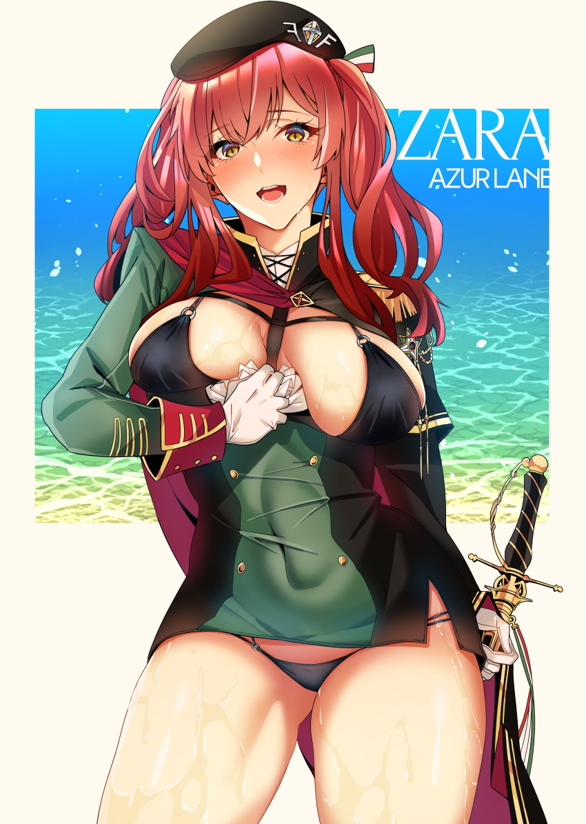 1girl :d absurdres asakawa_(outeq) azur_lane bangs beret bikini bikini_under_clothes black_bikini blush breasts cape character_name cleavage clothes_tug covered_navel cowboy_shot dress eyebrows_visible_through_hair green_headwear hat highres holding holding_sword holding_weapon large_breasts long_hair looking_at_viewer lowleg lowleg_bikini multi-strapped_bikini o-ring o-ring_bikini o-ring_bottom o-ring_top open_mouth outside_border red_cape red_hair short_dress skindentation smile solo string_bikini swimsuit sword taut_clothes taut_dress thighs twintails weapon wet zara_(azur_lane) zara_(poolside_coincidence)_(azur_lane)