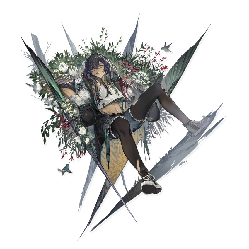 1girl :d arknights azling bandages bangs bird black_gloves black_hair black_jacket black_legwear blue_eyes boxing_gloves crop_top crop_top_overhang cutoffs elite_ii_(arknights) flint_(arknights) flower gloves grey_shorts hair_between_eyes highres hummingbird jacket long_hair looking_at_viewer midriff navel official_art open_clothes open_jacket open_mouth pantyhose red_flower shirt shoes short_shorts shorts smile sneakers solo stomach torn_clothes torn_legwear transparent_background white_flower white_shirt wrist_wrap