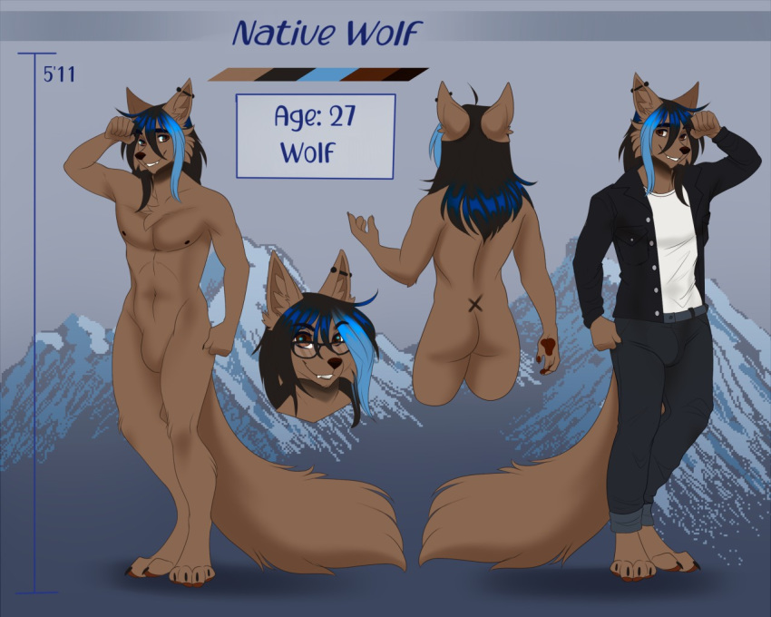 2020 5:4 aimi anthro black_nose brown_eyes butt canid canine canis clothed clothing color_swatch digital_media_(artwork) eyebrows eyelashes eyewear featureless_crotch glasses male mammal model_sheet nude smile solo wolf