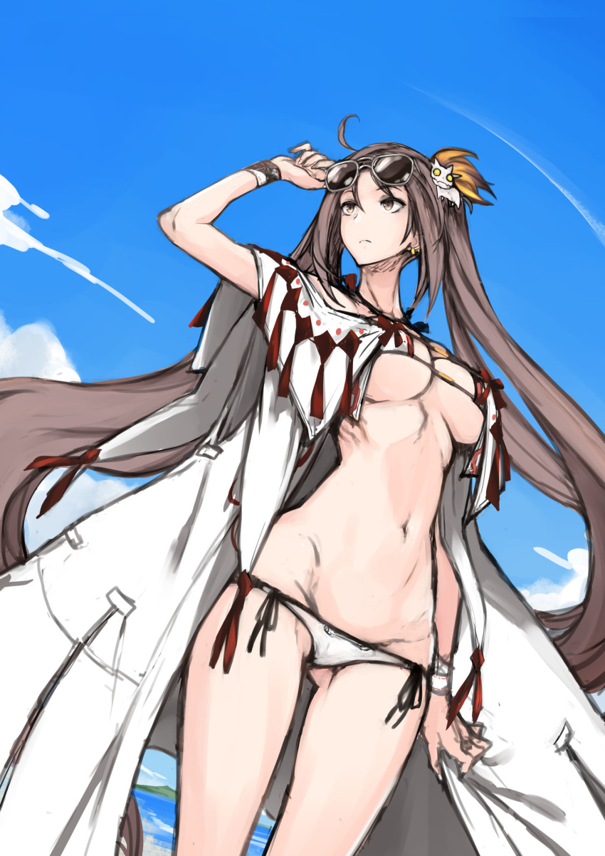 1girl bangs bare_shoulders beach bikini blue_sky breasts brown_eyes brown_hair cleavage closed_mouth collarbone consort_yu_(fate) earrings eyewear_on_head fate/grand_order fate_(series) hair_ornament highres isao jewelry long_hair looking_to_the_side looking_up medium_breasts multiple_earrings navel open_clothes robe sky sunglasses swimsuit thighs twintails very_long_hair white_bikini yu_miaoyi_(swimsuit_lancer)