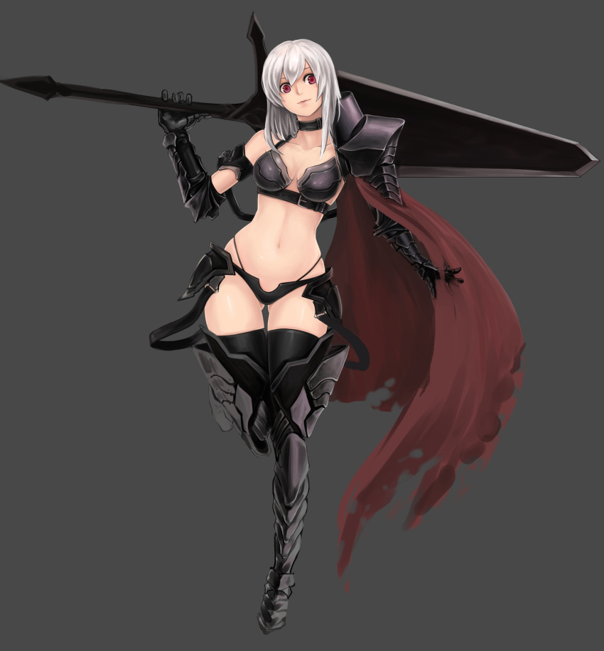 1girl armlet armor bare_shoulders bikini_armor black_armor black_choker black_legwear cape choker closed_eyes closed_mouth collarbone gauntlets greatsword greaves grey_background hair_between_eyes highres holding holding_sword holding_weapon huge_weapon knight medium_hair mhg_(hellma) navel original over_shoulder pauldrons red_cape red_eyes shoulder_armor simple_background single_pauldron sketch smile solo sword sword_over_shoulder torn_cape torn_clothes weapon weapon_over_shoulder white_hair