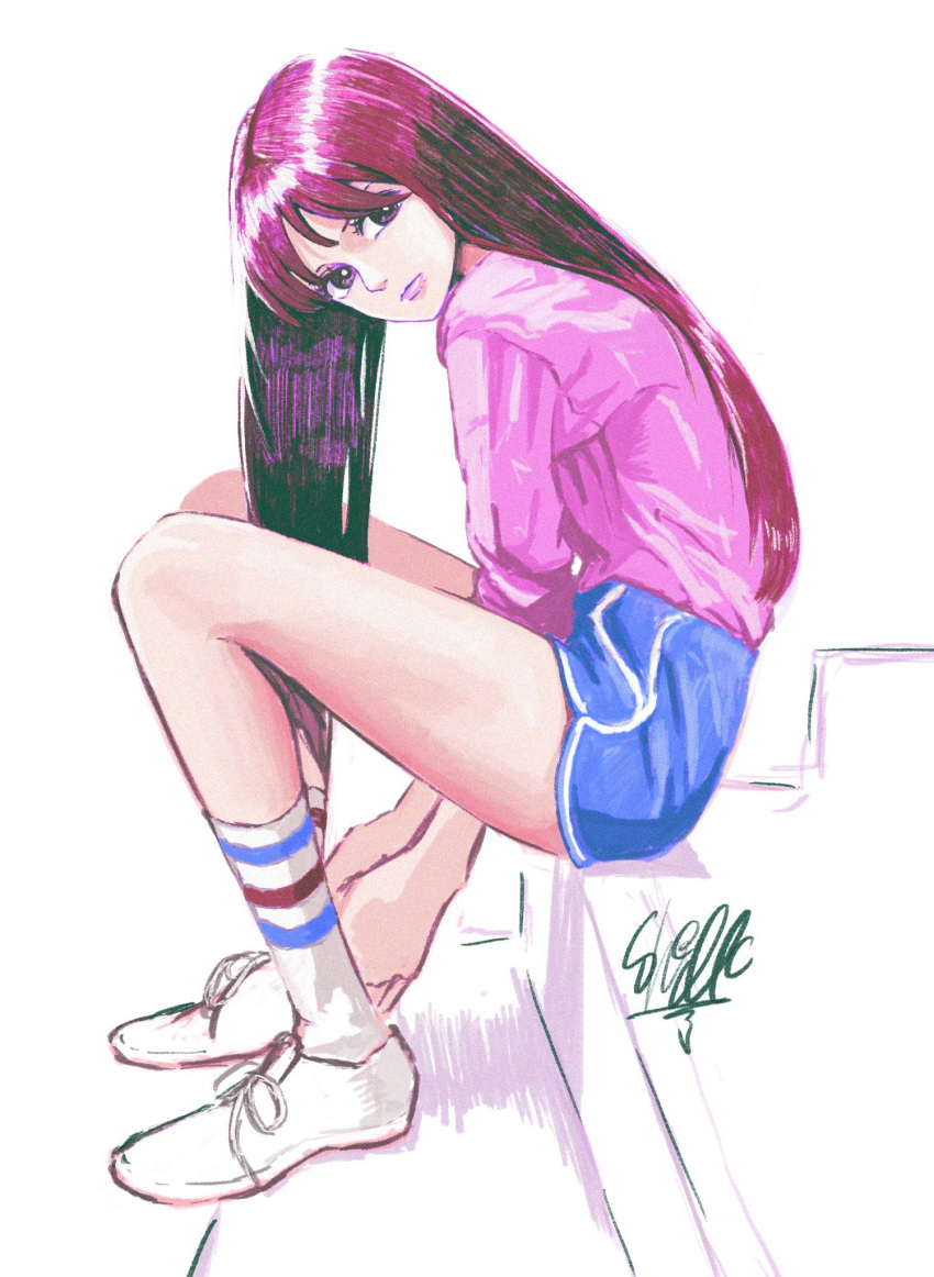 1girl arms_between_legs bike_shorts colored_pencil_(medium) english_commentary highres hunched_over looking_back original purple_eyes purple_hair purple_lips sherumaru_(korcht06) sitting solo stairs traditional_media