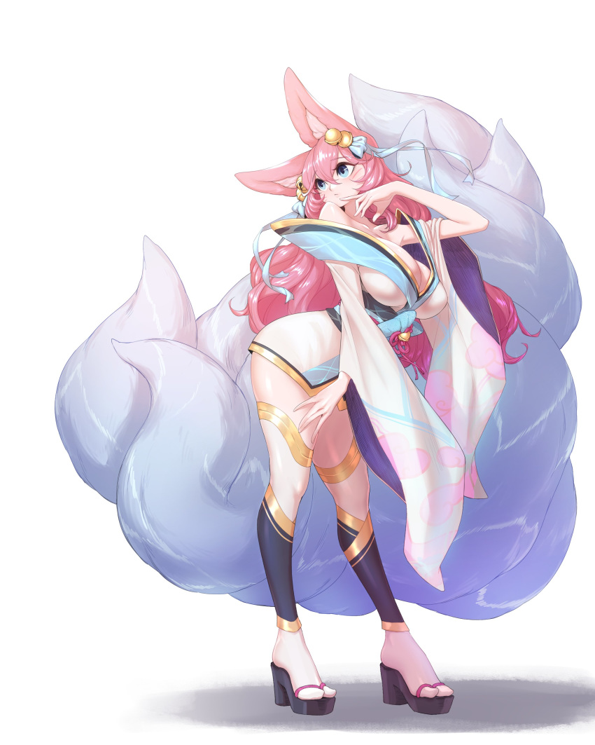 1girl absurdres ahri animal_ear_fluff animal_ears bell bent_over blue_eyes breasts cleavage eyebrows_visible_through_hair finger_to_chin fox_ears fox_girl fox_tail hair_bell hair_between_eyes hair_ornament hand_on_own_thigh highres k_yabby korean_commentary large_breasts league_of_legends looking_back looking_up multiple_tails pink_hair platform_footwear solo spirit_blossom_ahri tail white_background