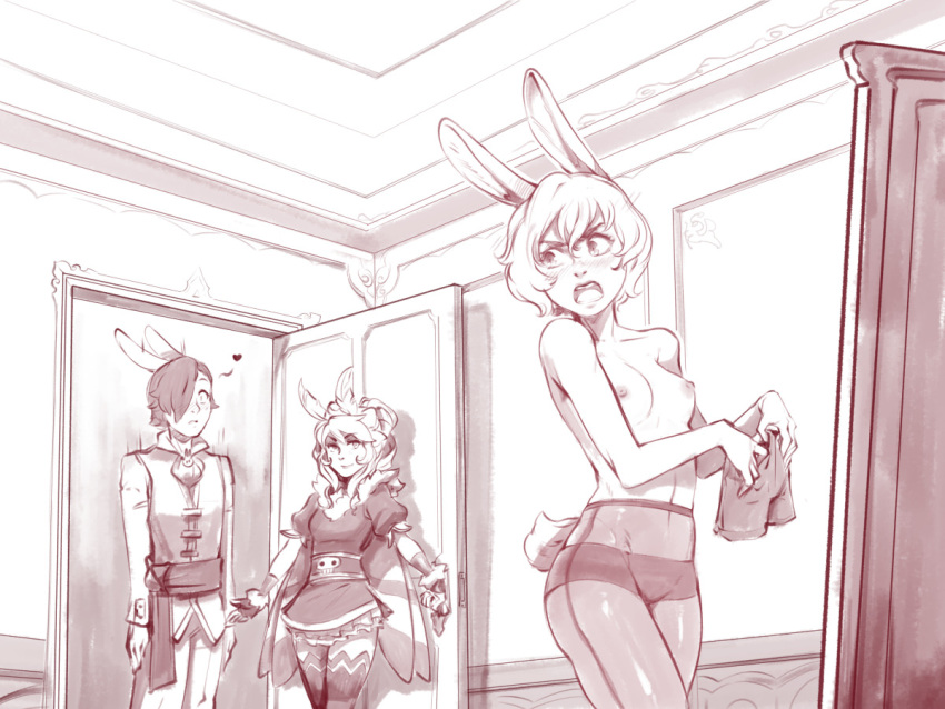 1boy 2girls angry animal_ears bare_shoulders blush breasts bunny_boy bunny_ears bunny_girl commentary d-rex door dress hair_over_one_eye heart holding holding_clothes holding_shorts indoors long_hair medium_breasts monochrome multiple_girls navel nipples open_mouth opening_door original pants pantyhose puffy_short_sleeves puffy_sleeves short_hair short_sleeves standing stomach teeth thighhighs wings zettai_ryouiki