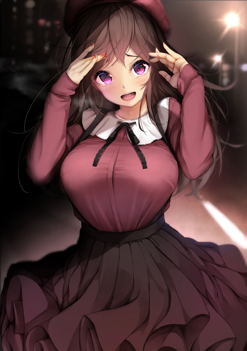 1girl :d absurdres arms_up banned_artist beret black_neckwear black_ribbon black_skirt blurry blurry_background blush breasts brown_hair commentary_request cowboy_shot depth_of_field fay_(fay_axl) fingernails hat high-waist_skirt highres lamppost large_breasts long_hair long_sleeves looking_at_viewer nail_polish neck_ribbon night open_mouth original outdoors purple_eyes purple_headwear purple_shirt red_nails ribbon road shirt skirt sleeves_past_wrists smile solo street suspender_skirt suspenders tears