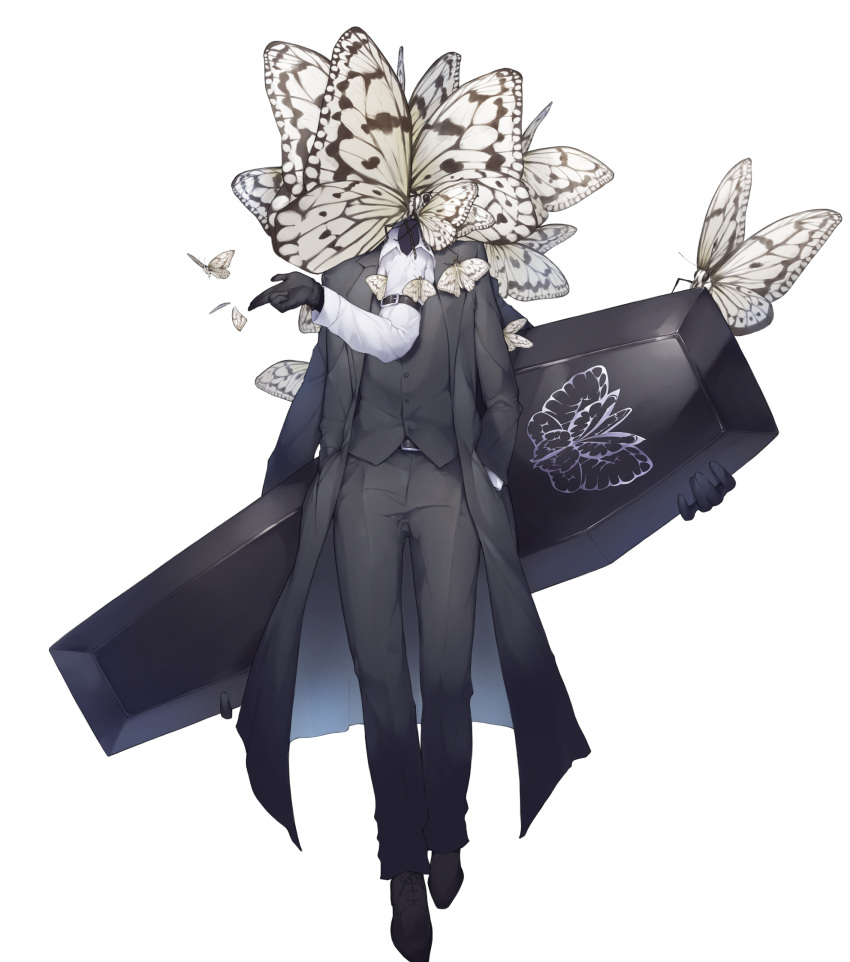 1boy animal belt black_footwear black_gloves bug coffin dabuki extra_arms formal gloves hand_in_pocket highres holding insect lobotomy_corporation male_focus moth simple_background solo suit walking white_background