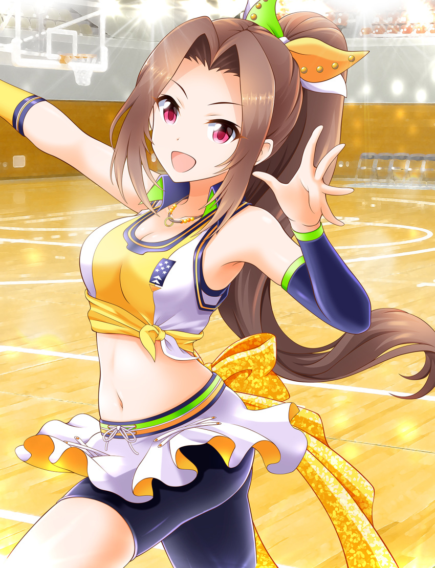 1girl :d aino_nagisa arm_warmers armpits bangs bare_shoulders basketball_court basketball_hoop basketball_uniform bike_shorts breasts brown_hair cleavage collarbone collared_shirt commentary_request cowboy_shot crop_top eva_16-gouki front-tie_top hair_ornament hair_ribbon hands_up highres idolmaster idolmaster_cinderella_girls indoors jewelry lights long_hair long_ponytail looking_at_viewer medium_breasts midriff navel necklace open_mouth outstretched_arm parted_bangs ponytail purple_eyes ribbon shirt shorts shorts_under_skirt sidelocks sleeveless sleeveless_shirt smile solo sportswear standing stomach tied_shirt undershirt waist_bow white_shirt