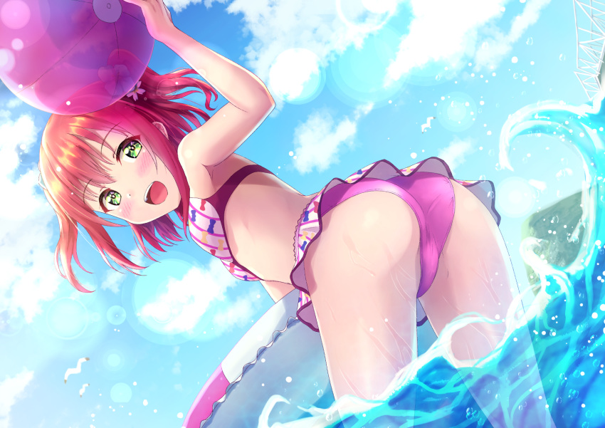 1girl arm_up arms_up ass b.ren ball bangs bare_arms bare_shoulders beachball bikini bikini_skirt bird blue_sky blush bow_print breasts cameltoe cloud eyebrows_visible_through_hair flower green_eyes hair_flower hair_ornament highres holding holding_ball in_water innertube kurosawa_ruby looking_at_viewer looking_back love_live! love_live!_sunshine!! medium_hair open_mouth outdoors pink_bikini pink_flower pink_swimsuit red_hair seagull see-through sky sleeveless small_breasts smile solo splashing striped striped_bikini sunlight swimsuit twintails upper_teeth water wet