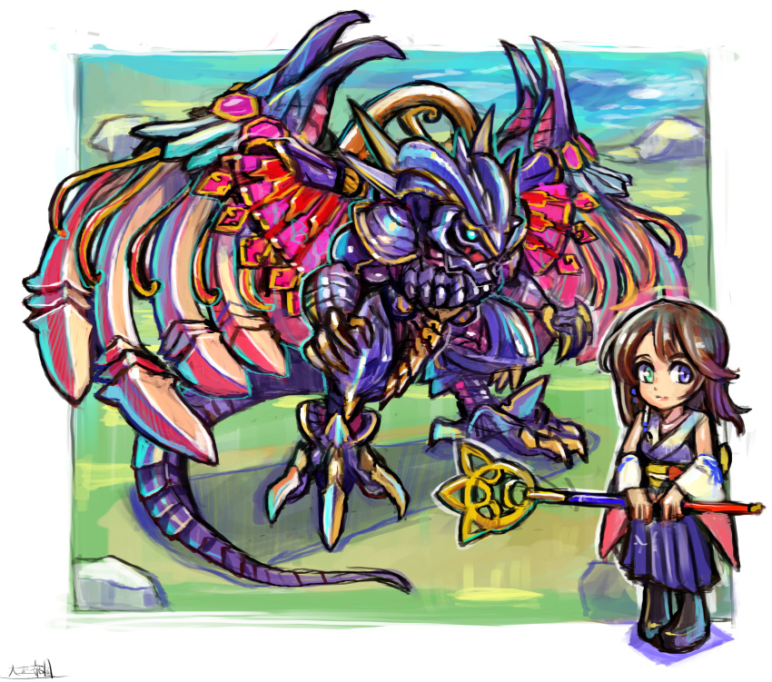 1girl bahamut_(final_fantasy) blue_eyes brown_hair chibi commentary final_fantasy final_fantasy_x green_eyes heterochromia highres holding holding_staff monster oomasa_teikoku open_hands short_hair staff standing wings yuna_(ff10)